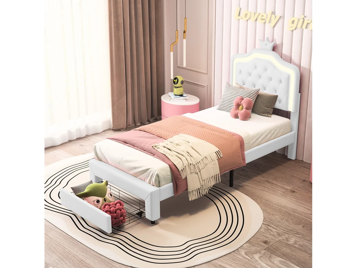 Cama Infantil Estofada, 90x200 Cm, com Cabeceira em Formato de Coroa de Princesa e Iluminação Led, Cama de Solteiro com Gaveta, em Pu Branco INONEFT