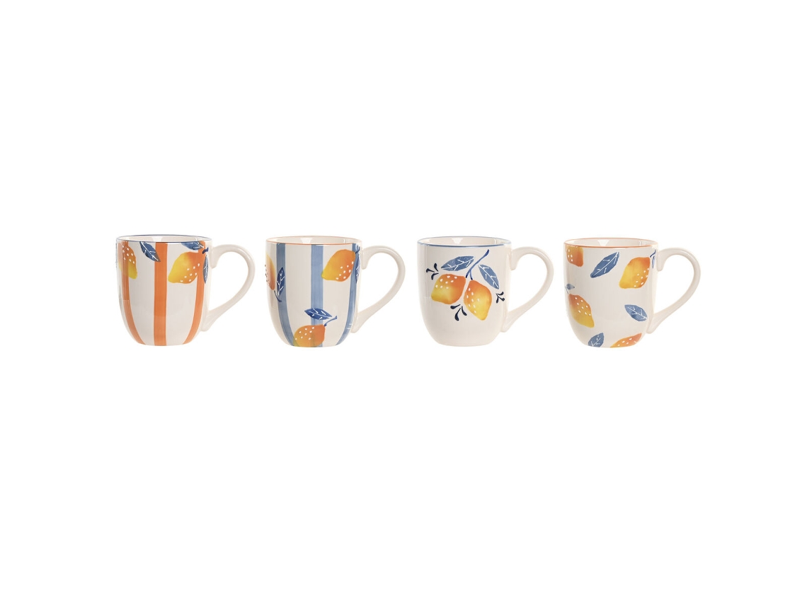 Caneca Home Esprit Amarelo Azul Branco Laranja Limão Mediterrâneo Com Relevo 360 Ml (4 Unidades)