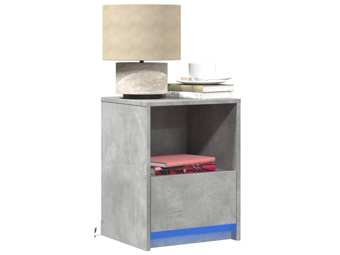 Vidaxl Mesa De Cabeceira C/ Luzes Led Derivados Madeira Cinza Cimento