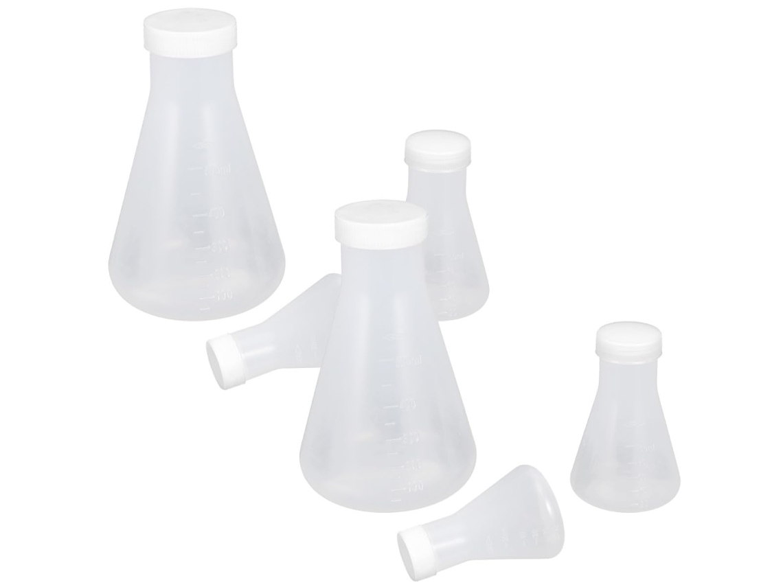 Conjunto De 6 Frascos Erlenmeyer De Plástico Transparente Resistentes Ao Calor.