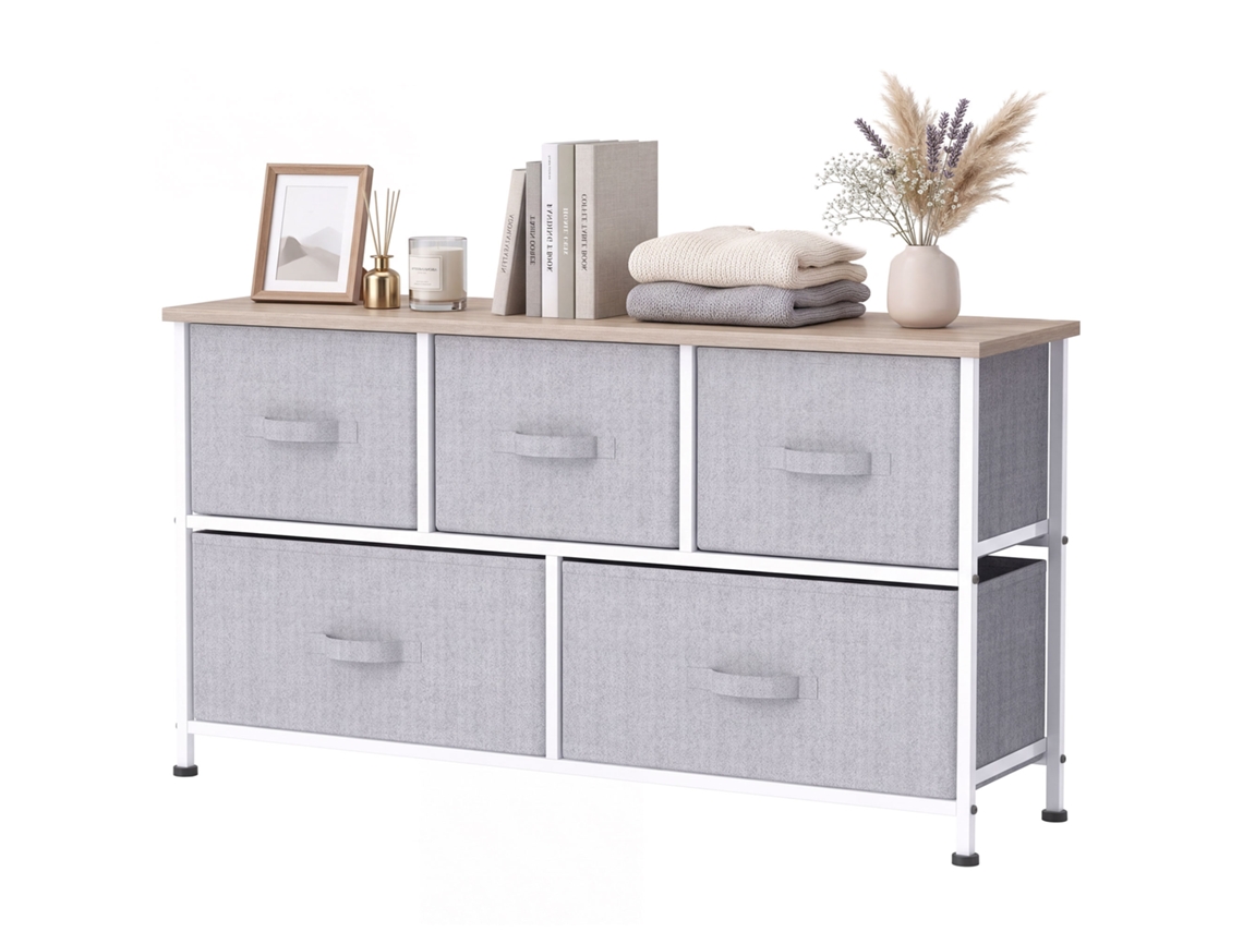 Cómoda Com 5 Gavetas De Tecido Para Quarto Estrutura Metálica 100x30x54 Cm Cinzento