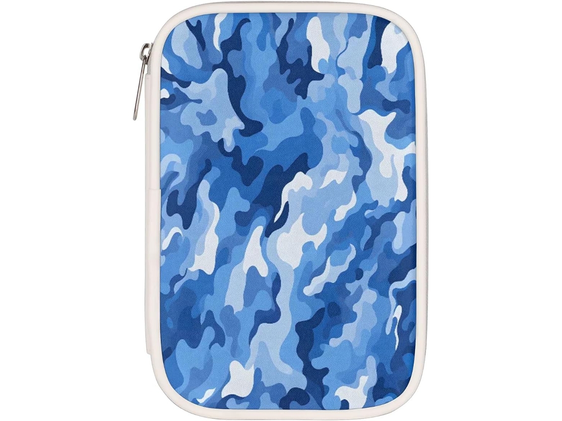 Porta-lápis camuflado azul, organizador de material escolar, porta-lápis com textura camuflada abstrata.