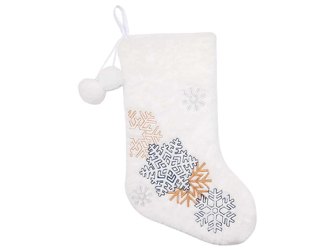 Meia De Natal Têxtil Peludo Com Pom-pom E Floco De Neve