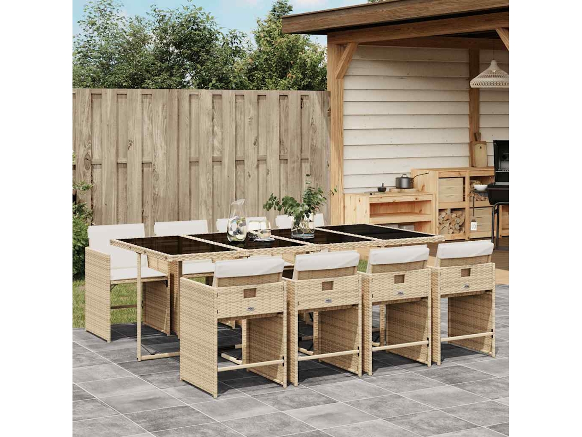 Vidaxl 9 Pcs Conjunto De Jantar P/ Jardim Com Almofadões Vime Pe Bege