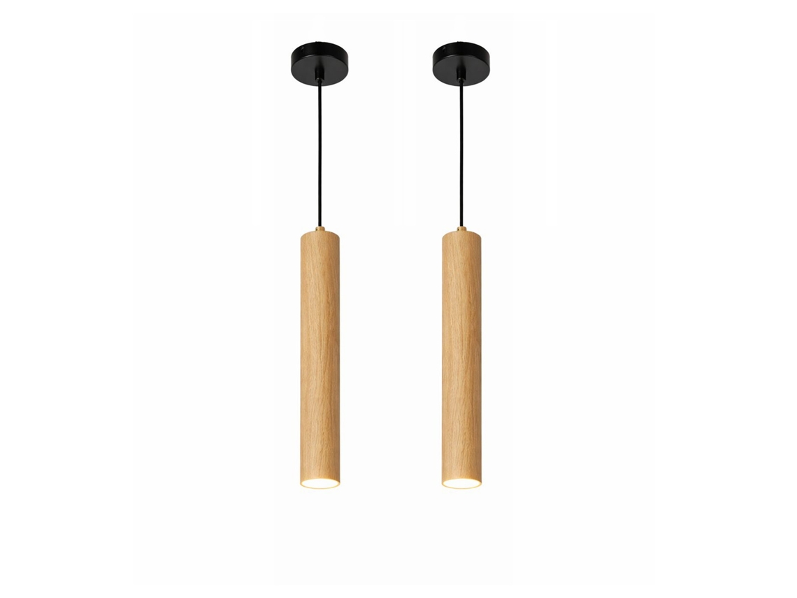 Conjunto De 2 Candeeiros Suspensos Modernos Em Alumínio Com Efeito Madeira, Tubo Ø40 Cm, Gu10 E Altura Ajustável