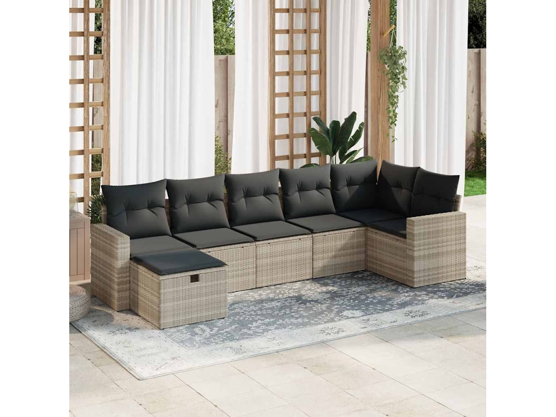 Vidaxl 7 Pcs Conj. Sofás Jardim Com Almofadões Vime Pe Cinzento-claro