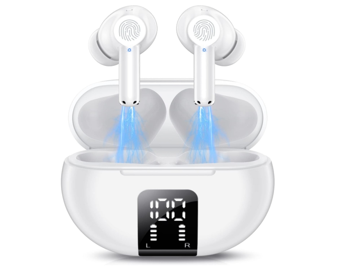 Fones Bluetooth 5.3 Intra auriculares JIAPEI com 42h, 4 microfones, ip7, som HiFi, branco