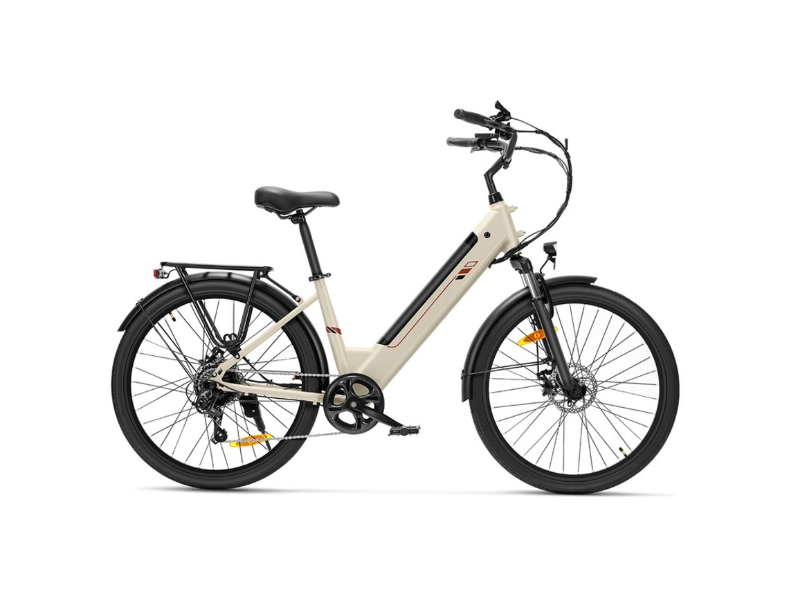 Bicicleta elétrica urbana Touroll J2 St Quadro com motor de potência reduzida de 250 W (pico de 450 W), bateria de 561,6 Wh, autonomia de até 100 km, câmbio Shimano 7V e porta-bagagens.