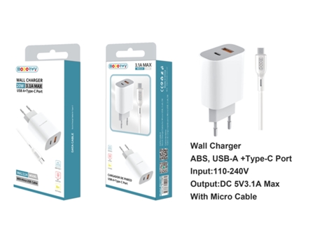 Carregador Com Duas Entradas Usb 2.0 + Type-C MODORWY Ma1114 (Branco)