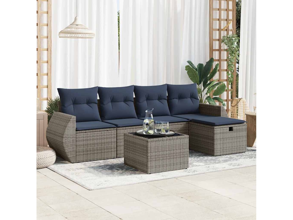 Vidaxl 6 Pcs Conjunto Sofás De Jardim Com Almofadões Vime Cinzento