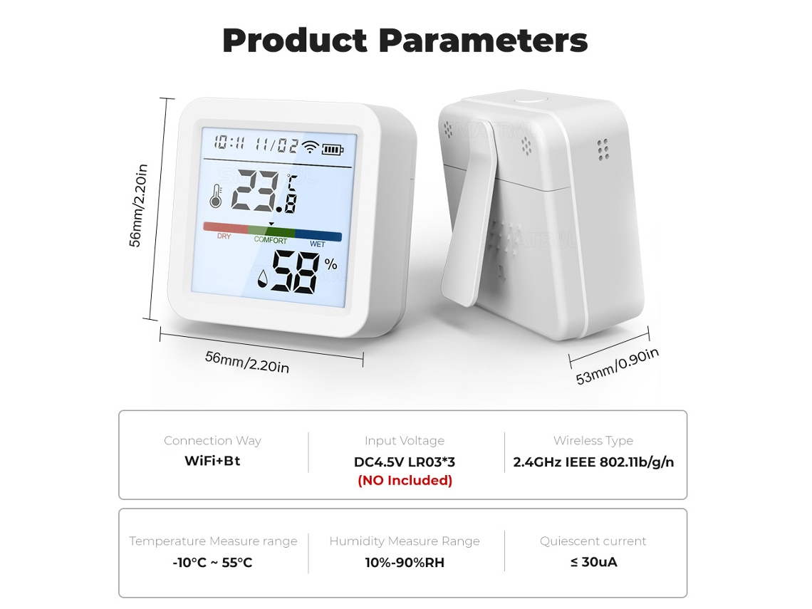 Yuru medidor de temperatura e umidade Tuya Wi-Fi BT com tela LCD e controle por app