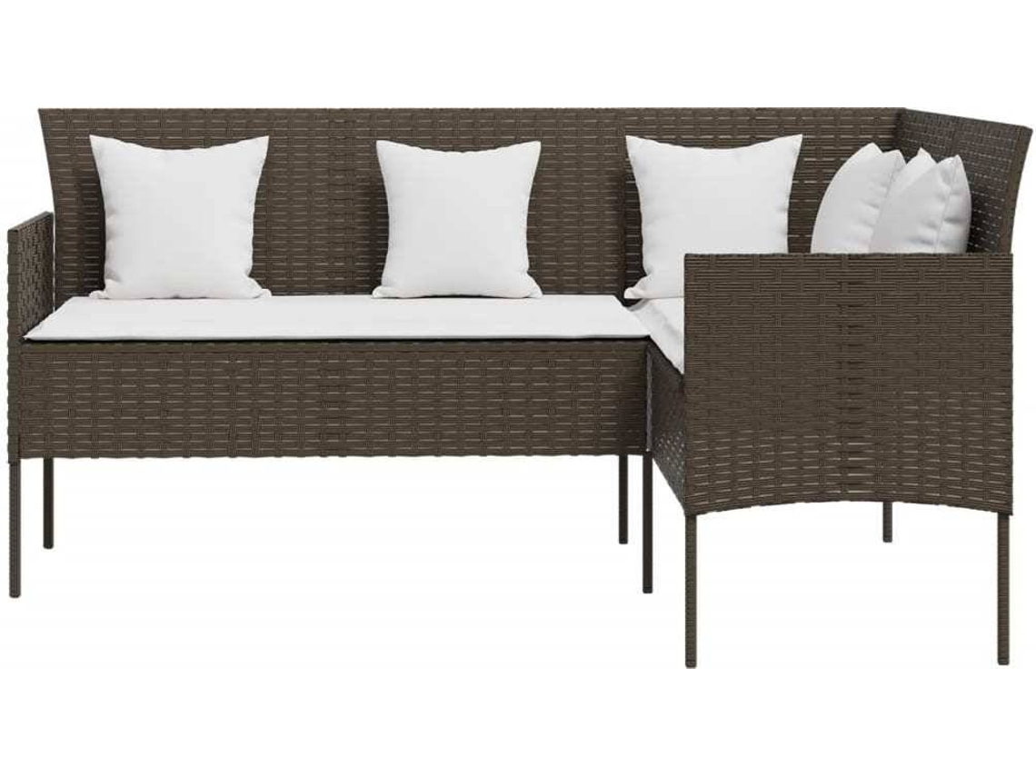 vidaXL Sofá formato em L com almofadões vime PE castanho Worten.pt