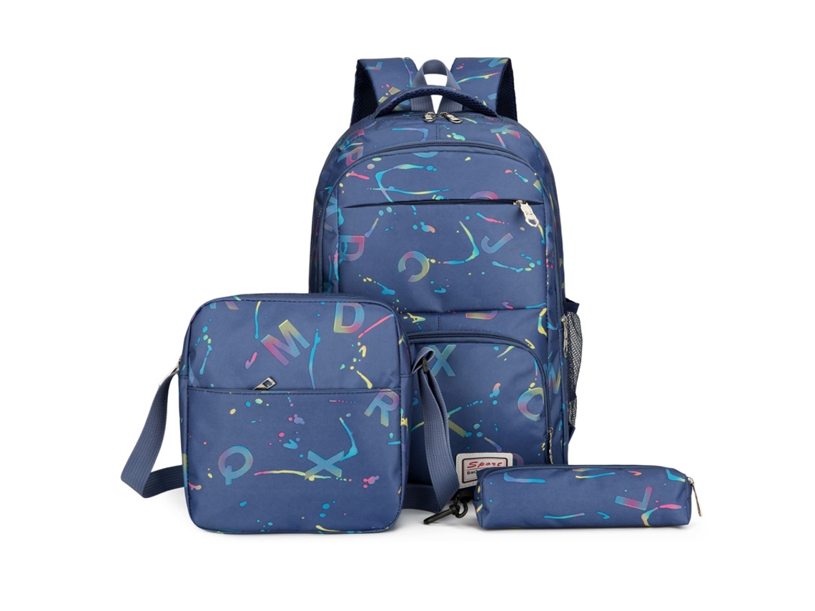 Mochila De Três Peças De Grande Capacidade, Estampada, Azul