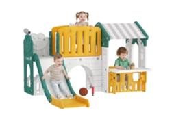 Escorregador Infantil 7 em 1 com Galpão, Escada, Cesta de Basquete, Túnel, Quadro Negro, Telescópio, Amarelo e Verde