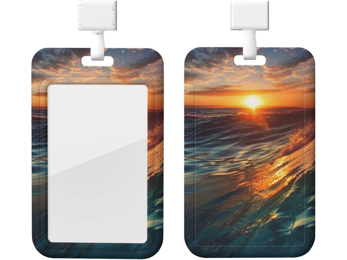 Suporte para Crachá com Cordão, Suporte para Crachá em Plástico Impermeável com Estampa de Sol e Oceano, Modelo Vertical,