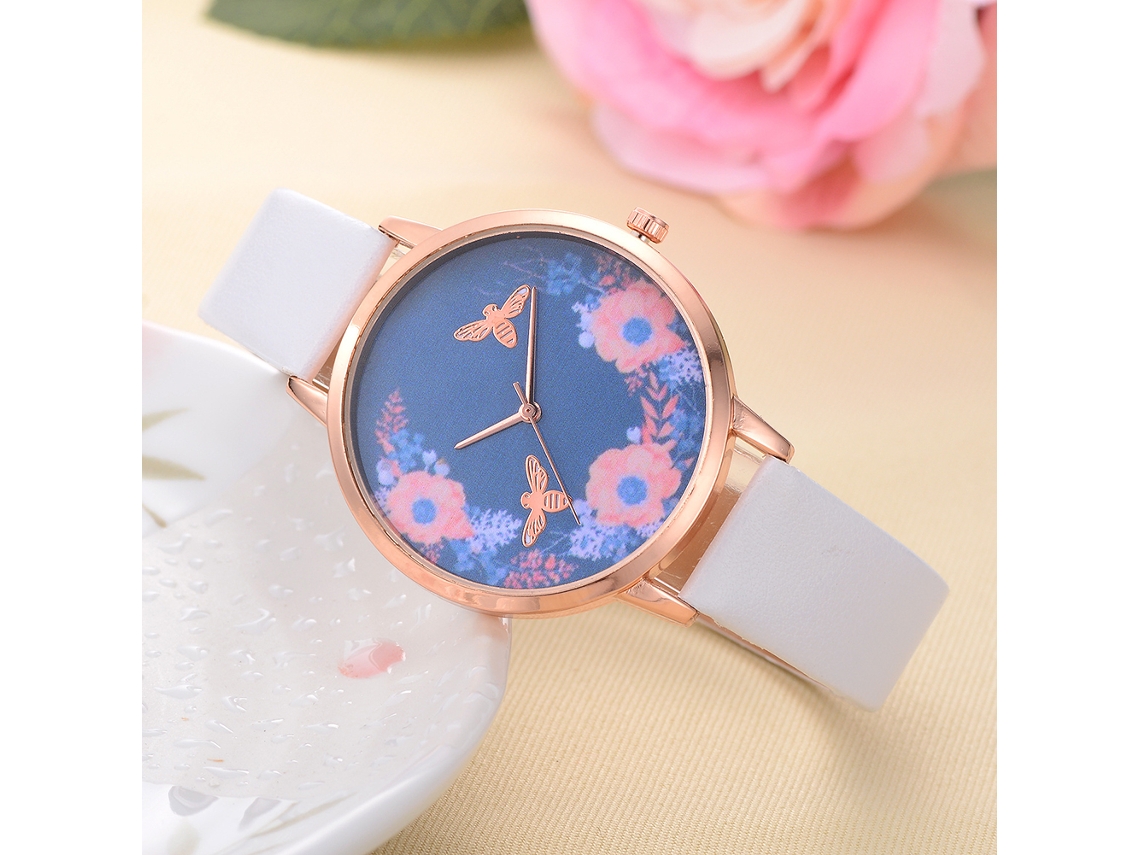 Relógio Analógico De Quartzo Feminino Com Pulseira Pu E Cristais Branco