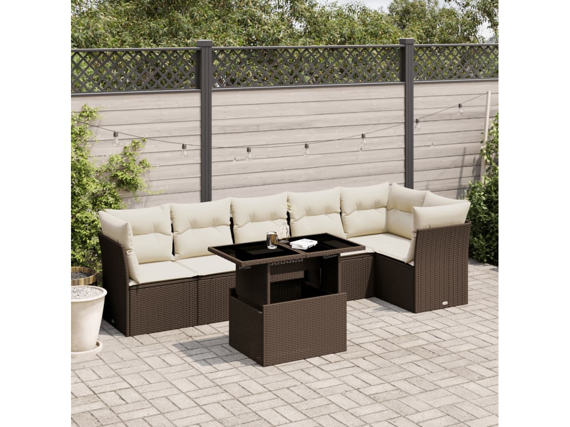 Vidaxl 7 Pcs Conjunto De Sofás Jardim C/ Almofadões Vime Pe Castanho