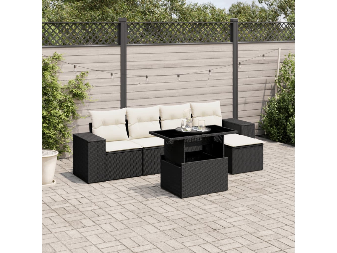 Jogo de Sofá Jardim 6 Peças C/ Almofadões Vime Pe Preto Dkd Home Decor