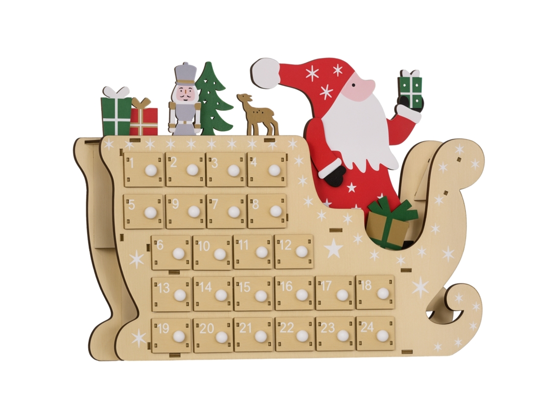 Calendário do Advento de Madeira com 24 Gavetas Decorado com Pai Natal no Trenó Decoração de Natal 22,5x8x36 Cm Madeira Ge