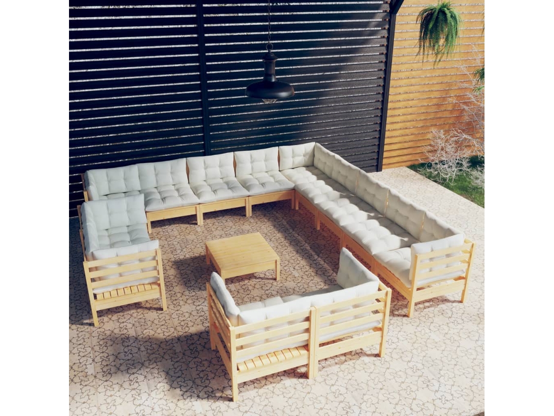 Vidaxl 14 Pcs Conjunto Lounge Jardim C/ Almofadões Creme Pinho Maciço