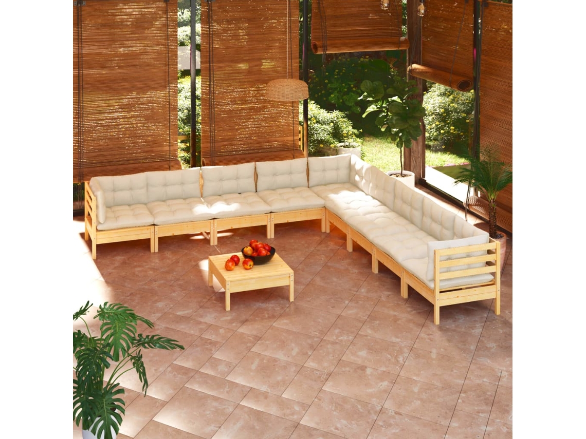 Vidaxl 10 Pcs Conjunto Lounge Jardim C/ Almofadões Creme Pinho Maciço