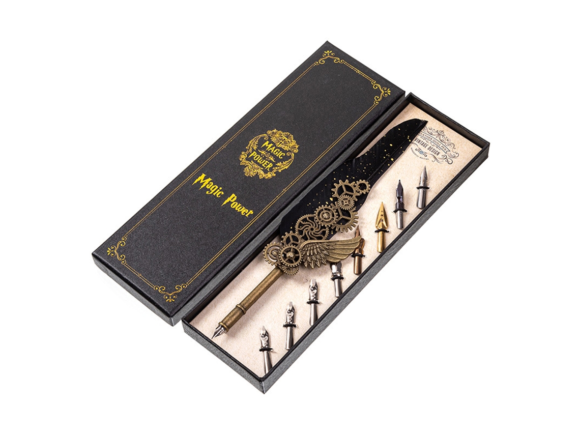 Set Pluma Pluma Vintage Estilo Steampunk Com 8 Pontas Substituíveis Em Caixa De Presente Para Caligrafia E Assinaturas