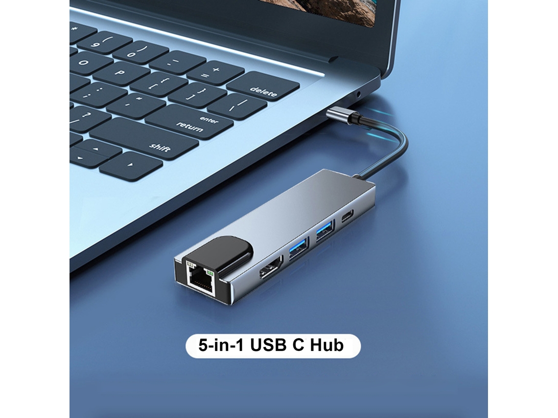 Hub 5 em 1 Type C para USB, carregamento PD, com conexão de rede RJ45