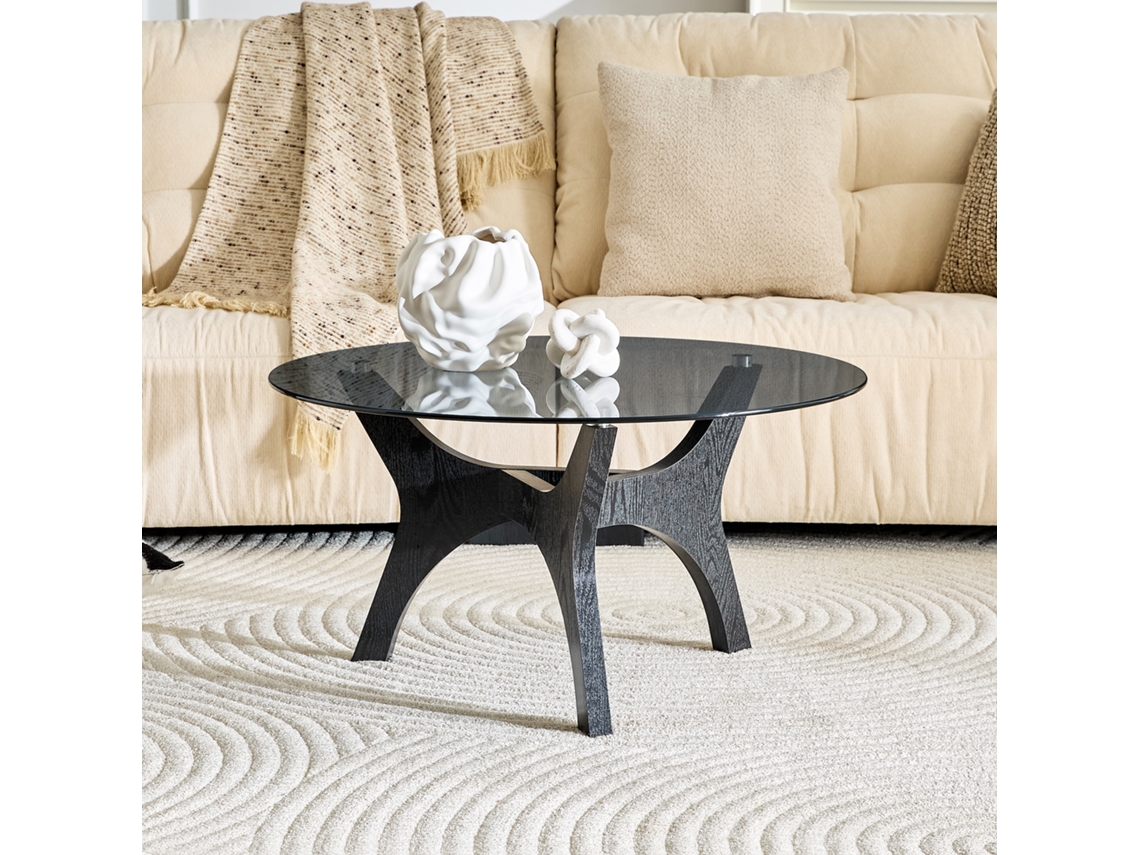 Mesa Centro Redonda 80cm Tampa Vidro Estrutura Madeira Preta Resistente Calor Arranhões Sala Estar Escritório Lounge