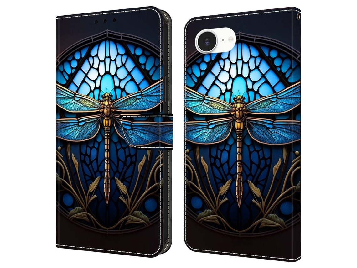 Capa Para Iphone 16e Com Compartimento Para Cartão, Estampa Flexível, Feita Em Couro Pu, Modelo Flip, Libélula Azul