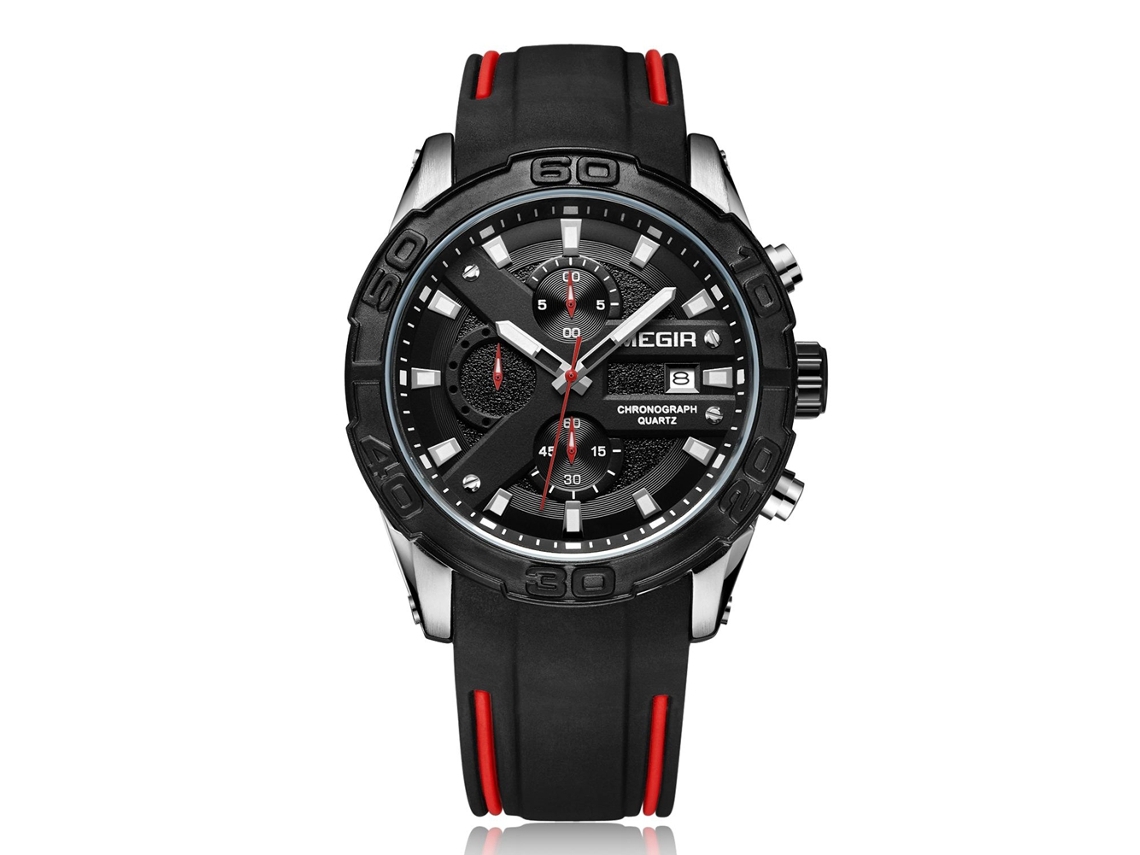 Relógio masculino Megir multifuncional cronógrafo luminoso com pulseira de silicone e movimento de quartzo - Preto