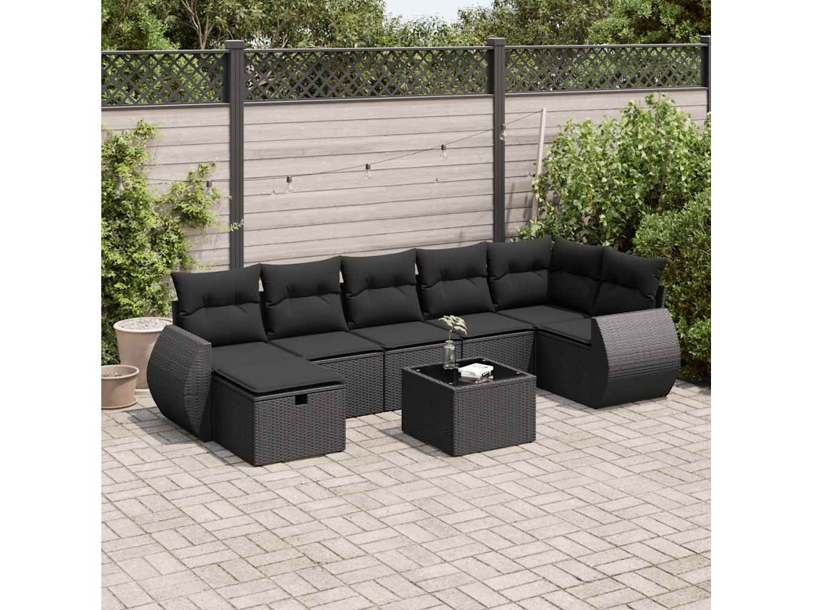 Vidaxl 8 Pcs Conjunto Sofás De Jardim Com Almofadões Vime Pe Preto