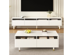 Conjunto De Móveis Led - Estante De Tv Com 4 Portas E Mesa De Centro Com 2 Gavetas - Branco Com Design Dourado