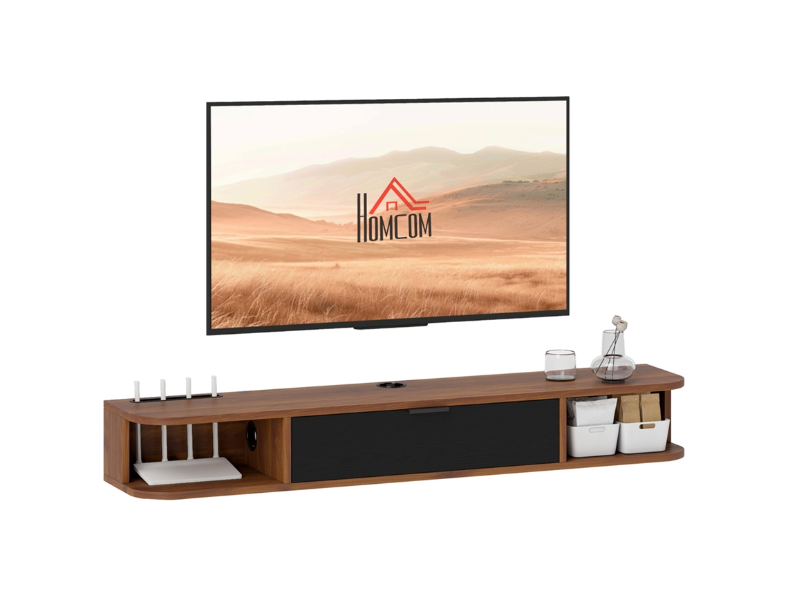 Mobile Tv 50'' Suspenso C/ Gaveta, 2 Prateleiras E Passa-cabos 120x24x16 Cm Noce