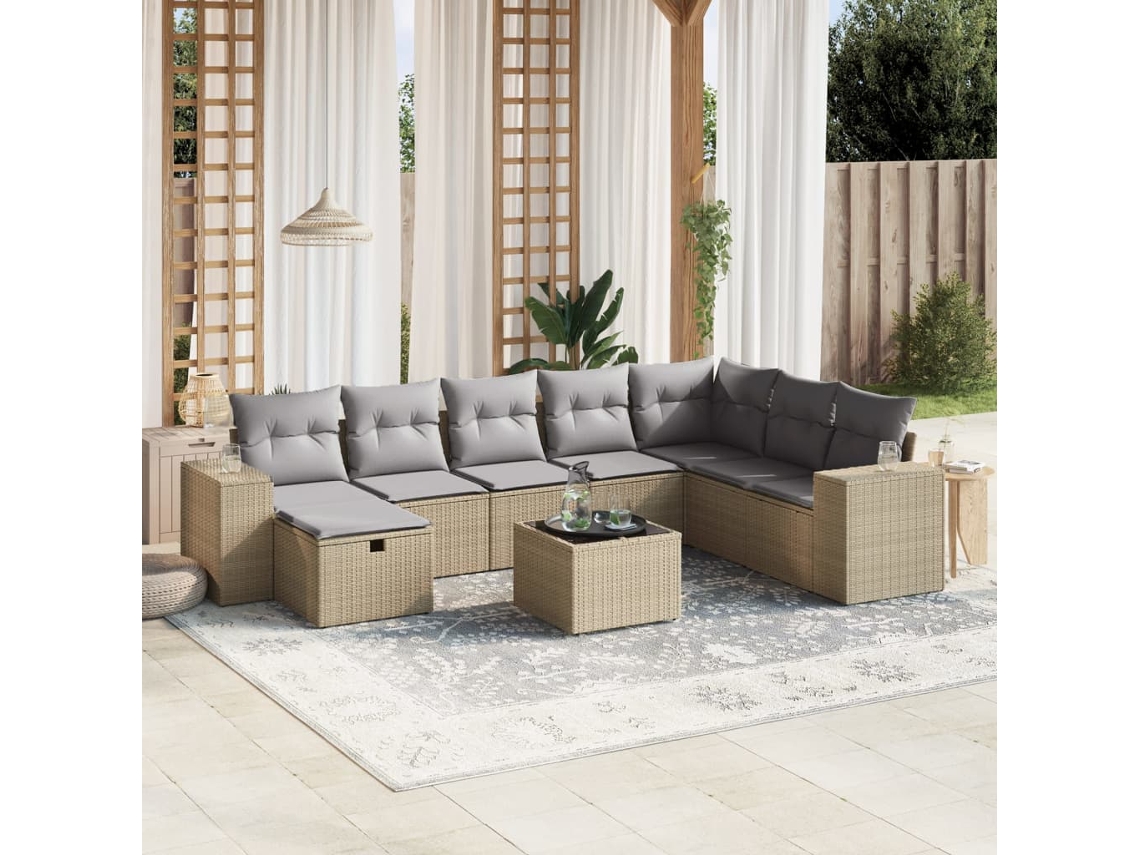 Vidaxl 9 Pcs Conj. Sofás Jardim C/ Almofadões Vime Pe Bege Misturado