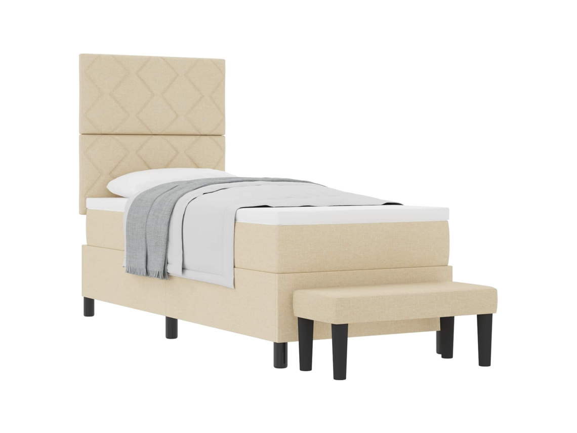 Cama De Solteiro | Camas Para Quarto | Cama Box Com Colchão Com Cabeceira Creme 80 X 200 Cm Tecido