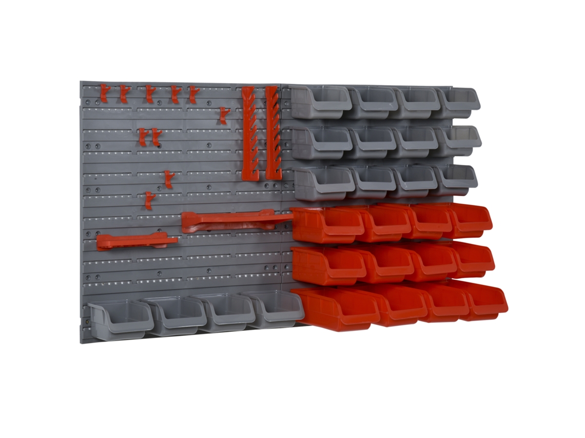 Prateleira De Parede Organizador De Ferramentas Prateleiras De Armazenamento Com 28 Caixas ​95x22x54 Cm Cinza E Vermelho