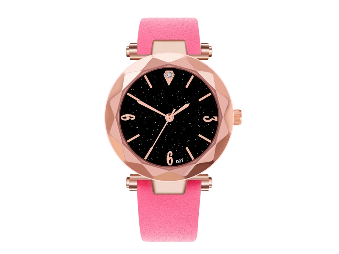 Relógio de quartzo moderno com pulseira de couro PU e mostrador com céu estrelado para mulheres (vermelho e rosa)