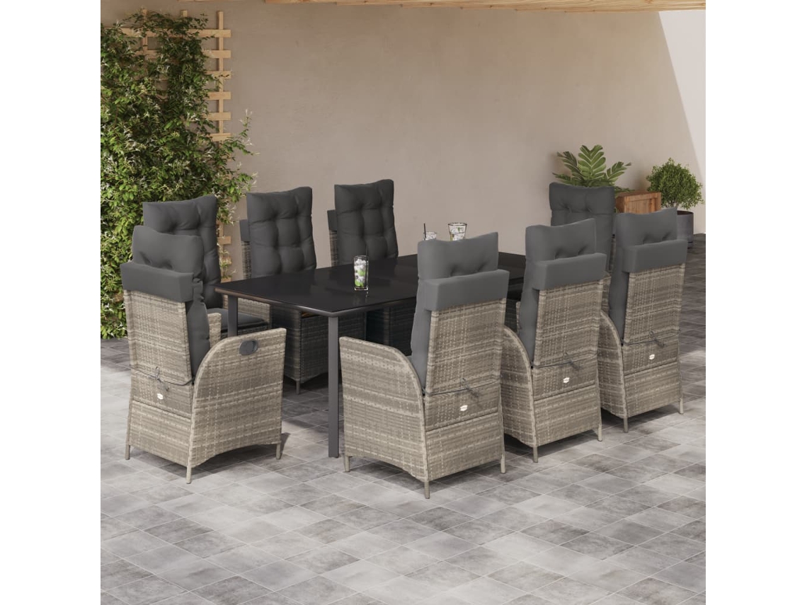 Vidaxl 9 Pcs Conjunto De Jantar P/ Jardim C/ Almofadões Cinzento Claro