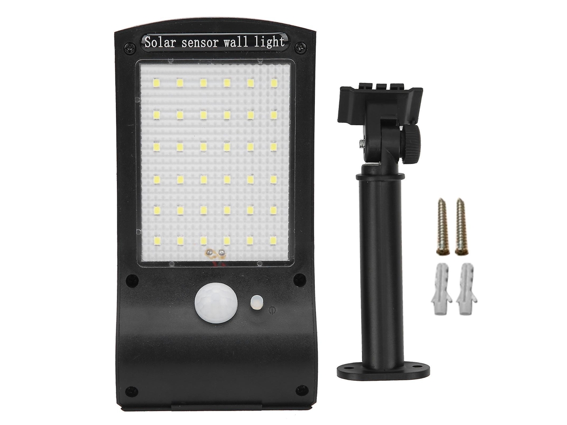 Luminária de parede solar com 36 LEDs e sensor de movimento para uso externo, ideal para garagem e jardim. Brilvibera