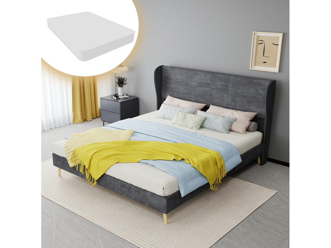 Cama Capitone Moderna 160x200 Cm Com Cabeceira Macia E Colchão Cinza