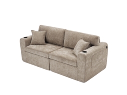Sofá Relax de 2 lugares para espaços pequenos em chenille Macio, com porta-revistas, porta-copos e almofadas na cor marrom.