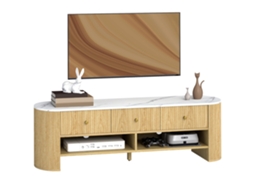 Suporte para Tv de 140 Cm, Móvel para Tv de 65 Polegadas, Efeito Mármore, 3 Gavetas com Frentes Caneladas em Efeito Madeira Natural. CHEZMOI