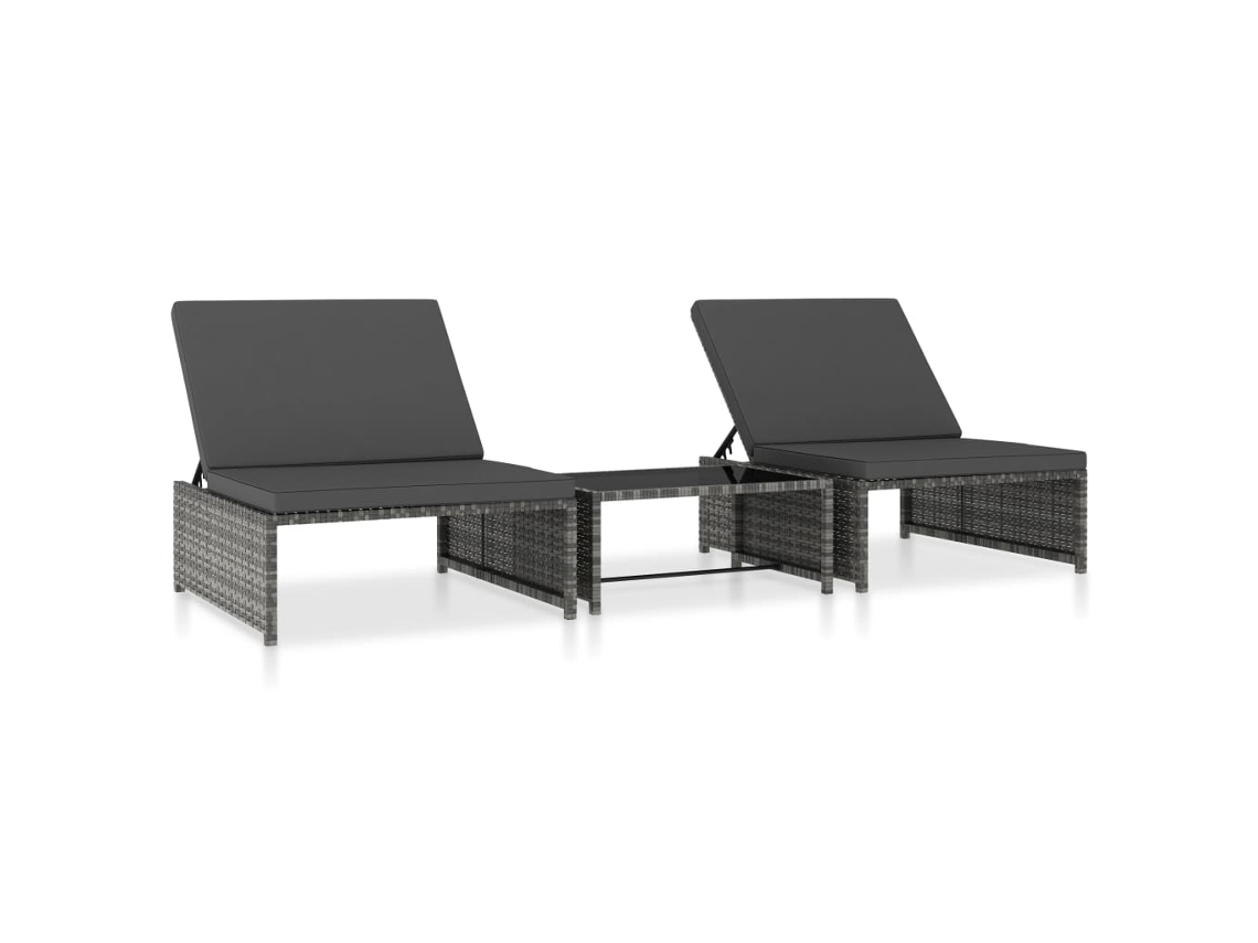 vidaXL Espreguiçadeiras com mesa 2 pcs vime PE cinzento