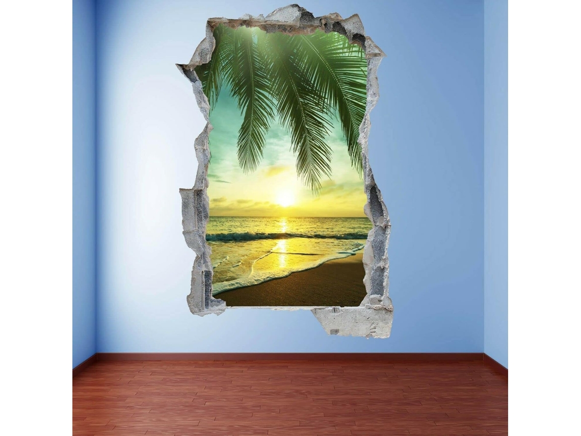 Adesivos De Parede Com Palmeiras E Pôr Do Sol Em Praia Tropical. Decoração Artística.