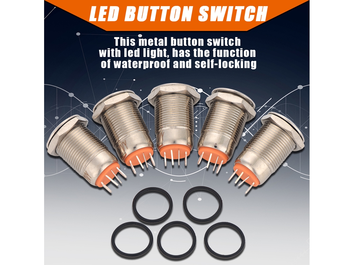Laxiscreed Pack De 5 Botões Mini De Metal 12mm Com Led, Resistente À Água