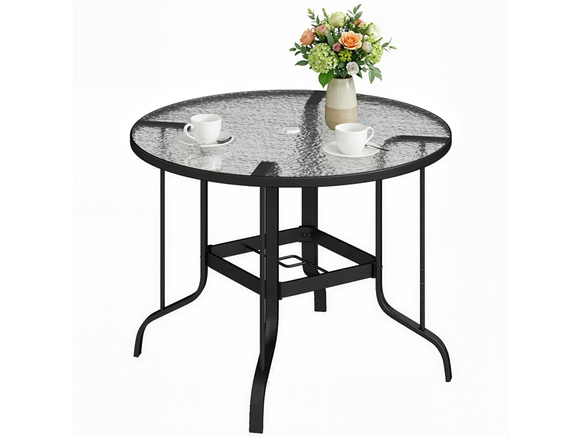 Mesa de Jardim Redonda com Orifício para Guarda-sol, em Metal e Vidro Temperado, Ø96,5x71cm, Preta, ZENCORE SERVICES