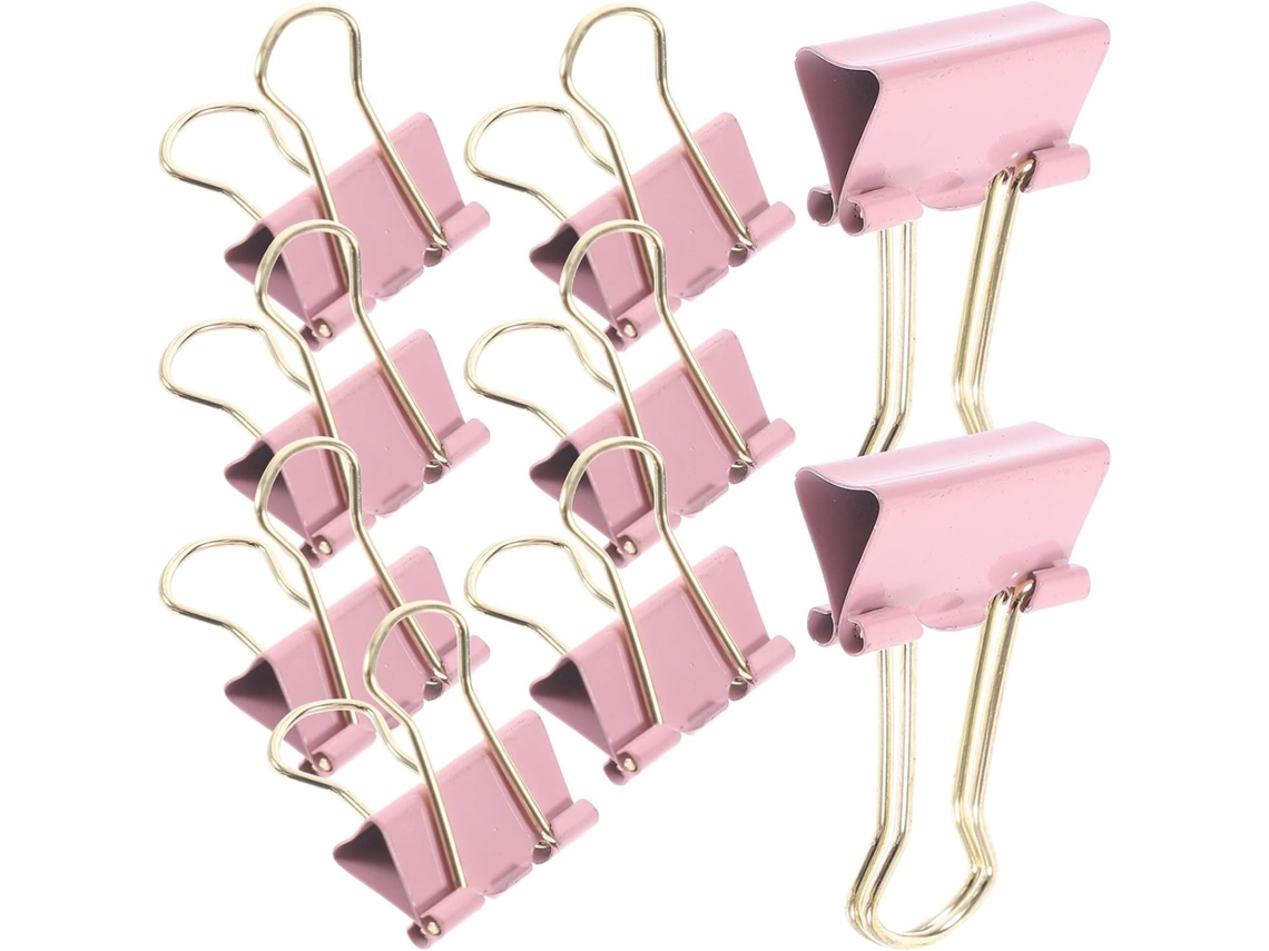 Conjunto de 9 prendedores de mesa em metal rosa, ideais para prender papéis e cartões, práticos e decorativos mesmo quando não estão em uso.
