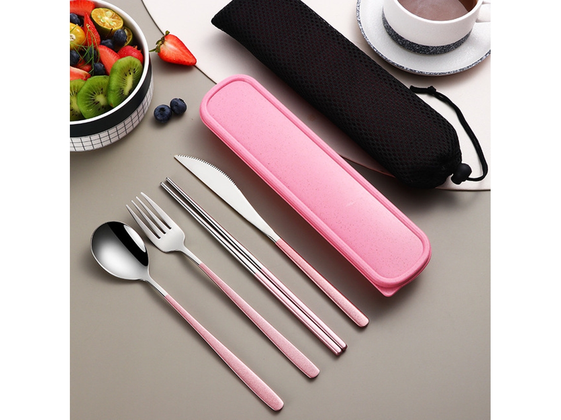 Conjunto de Talheres Portátil em Aço Inoxidável 304 , Incluindo Faca, Garfo, Colher e Estojo para Armazenamento. MDUG (rosa e Prateado)