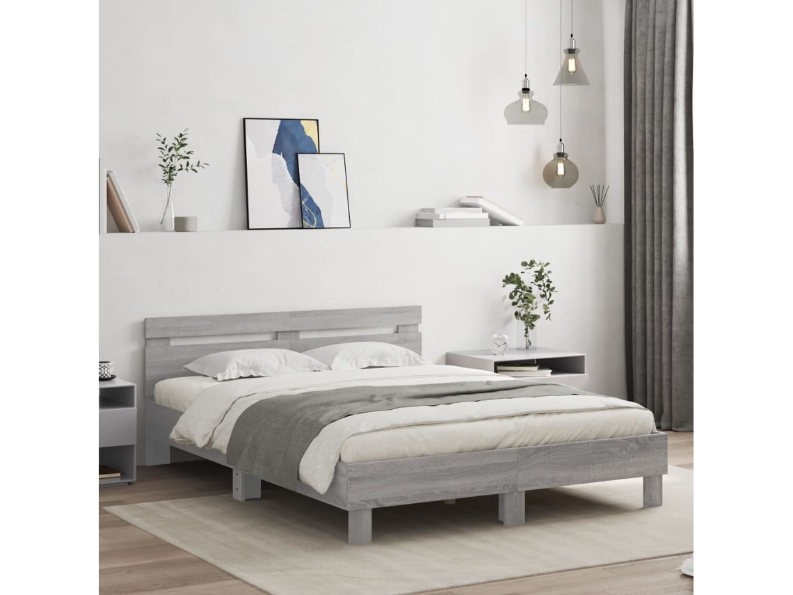 Vidaxl Estrutura Cama C/ Cabeceira/luzes Led 150x200cm Cinzento Sonoma