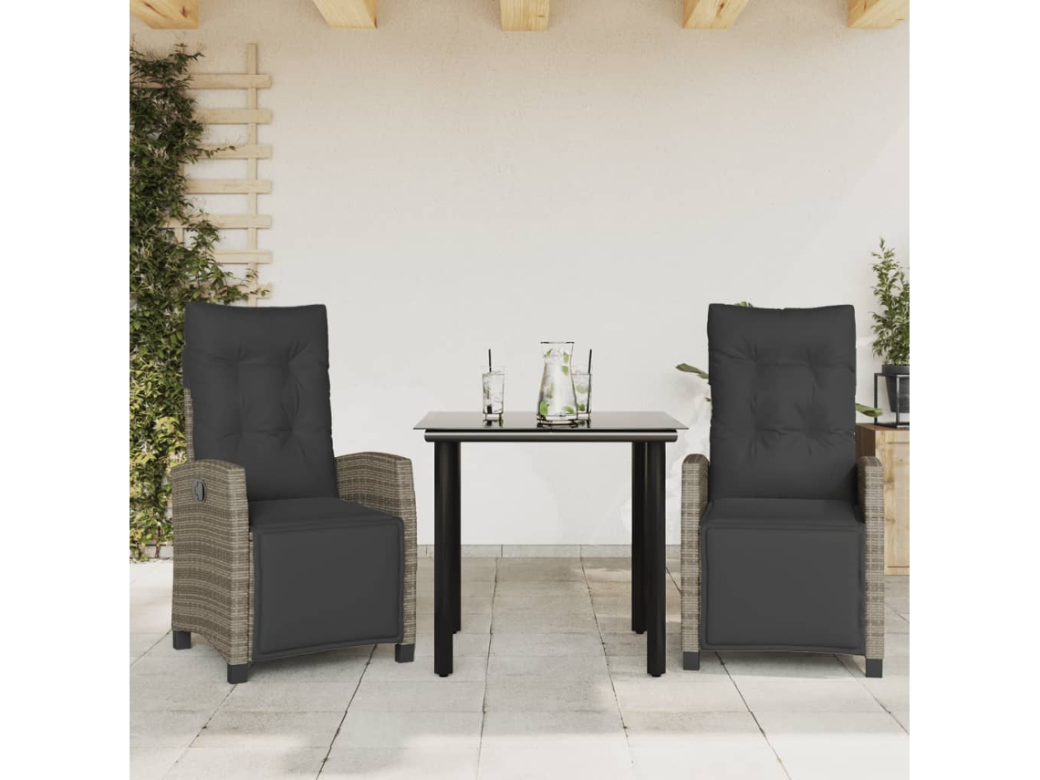 Vidaxl 3 Pcs Conjunto De Jantar P/ Jardim C/ Almofadões Vime Pe Cinza